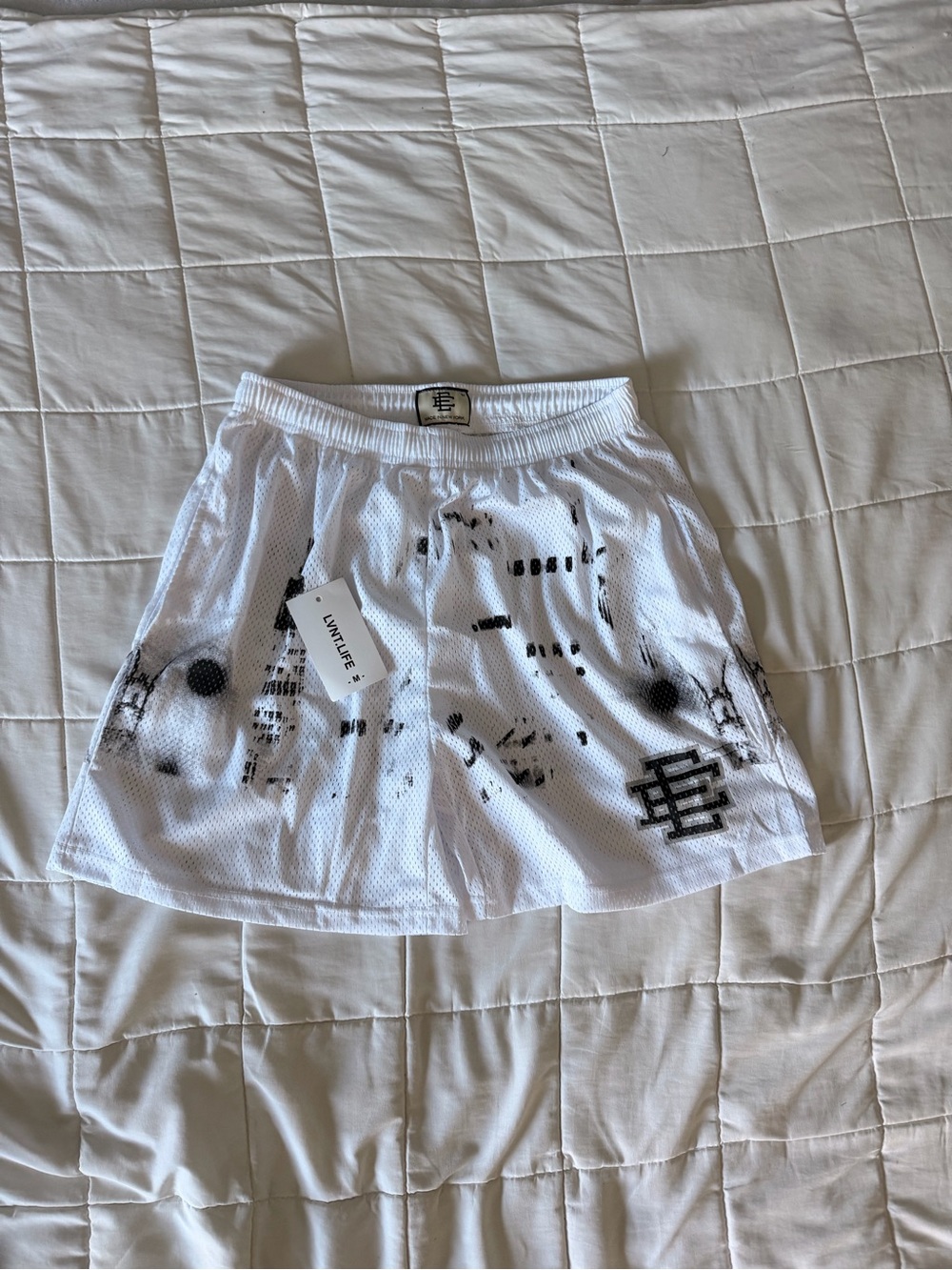 Eric Emanuel White Mesh Athletic Shorts with Black Graphic